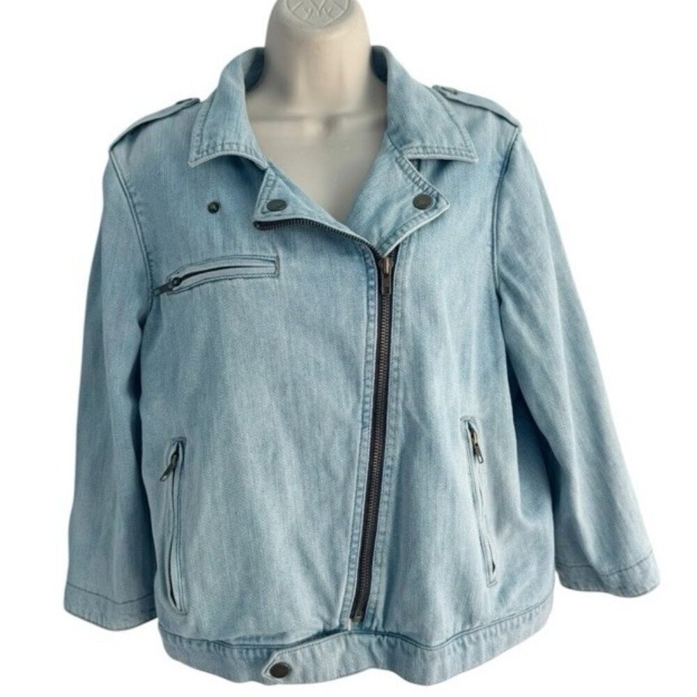 Gap 1969 Women's Sz L Denim Biker Jacket Asymmetrical Zip Beach Wash - Picture 3 of 11